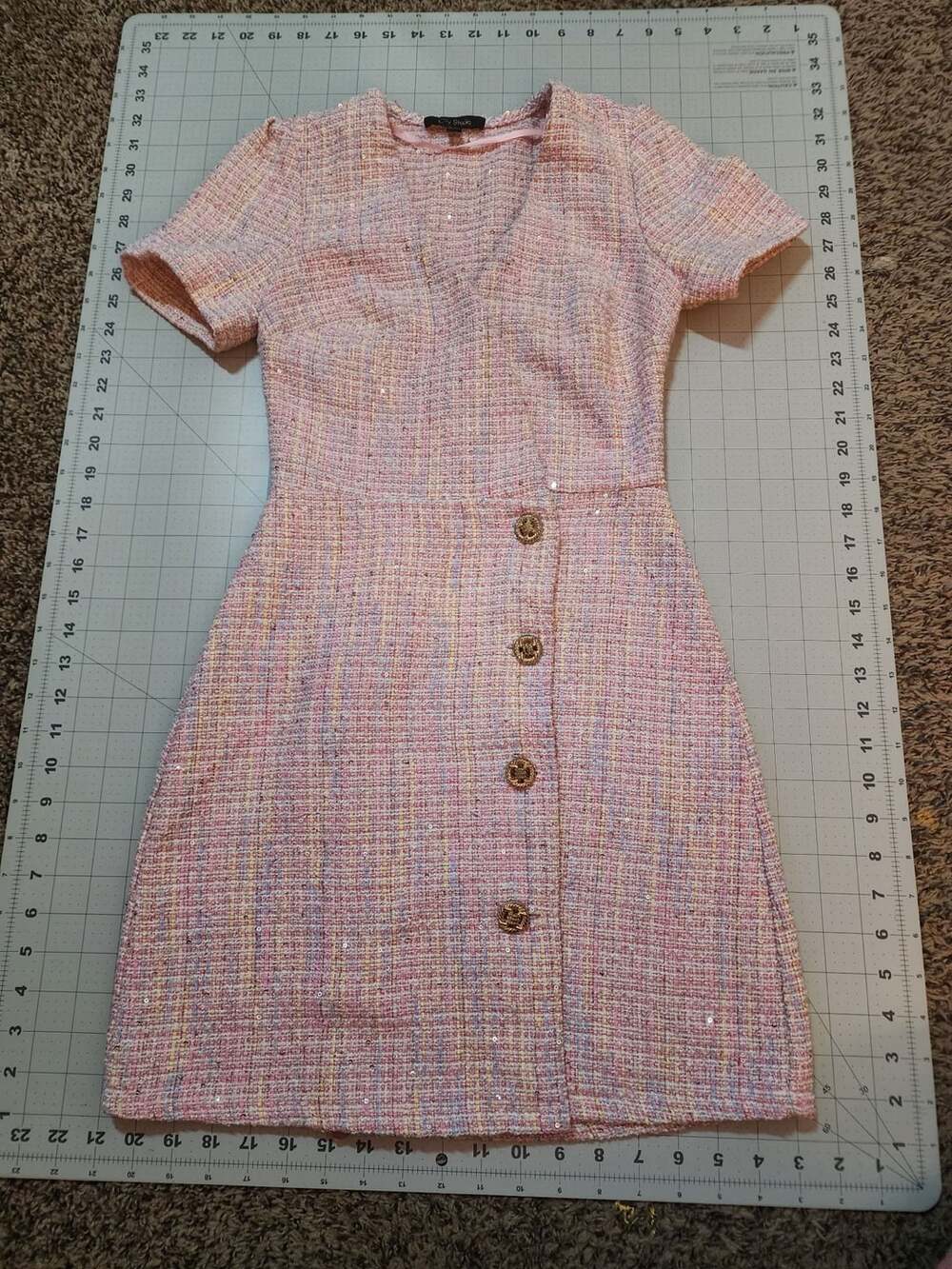 City Studio Tweed Mini Dress Size XS Pink Multicolored Button Front Sequins